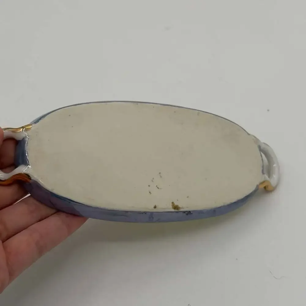 vintage-style ceramic small handled tray or dish vanity yellow blue luster ware